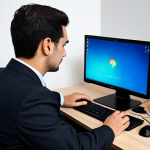 A professional IT support specialist, fully clothed in a modest, dark business suit, sits at a clean, modern office desk. Their expression shows mild frustration as they troubleshoot a laptop displaying a network error icon. A neatly organized array of networking cables and a sleek Wi-Fi router are subtly visible in the background, hinting at the source of the problem. The lighting is soft and ambient, creating a professional and calm atmosphere. This image is safe for work, appropriate content, fully clothed, professional, perfect anatomy, correct proportions, natural pose, well-formed hands, proper finger count, natural body proportions, professional photography, high quality, 4k.