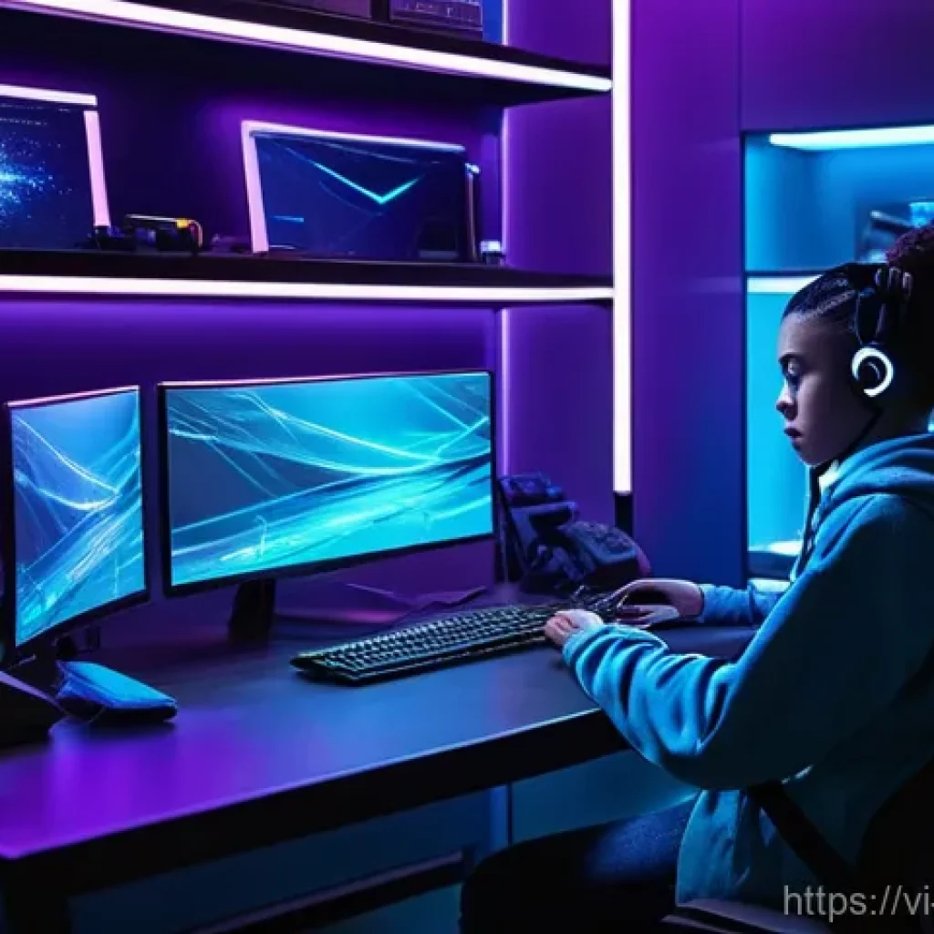 모니터 드라이버 설치 및 최적화 - **Prompt:** A sleek, futuristic gaming or coding setup in a dimly lit, high-tech room. A young adult...