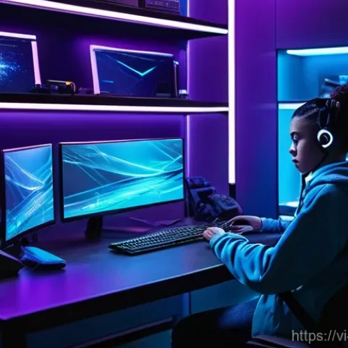 모니터 드라이버 설치 및 최적화 - **Prompt:** A sleek, futuristic gaming or coding setup in a dimly lit, high-tech room. A young adult...