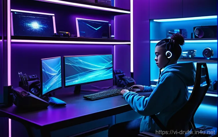 모니터 드라이버 설치 및 최적화 - **Prompt:** A sleek, futuristic gaming or coding setup in a dimly lit, high-tech room. A young adult...