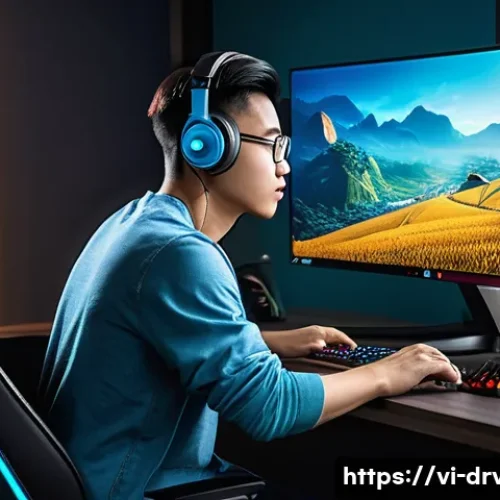 Home 27 그래픽카드 드라이버와 게임 성능의 관계 - A high-tech gaming setup in a modern Vietnamese home, featuring a sleek desktop PC with the latest N...