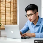 Home 19 펌웨어 업데이트 중 오류 해결법 - A modern Vietnamese home office scene showing a young professional checking a stable high-speed fibe...